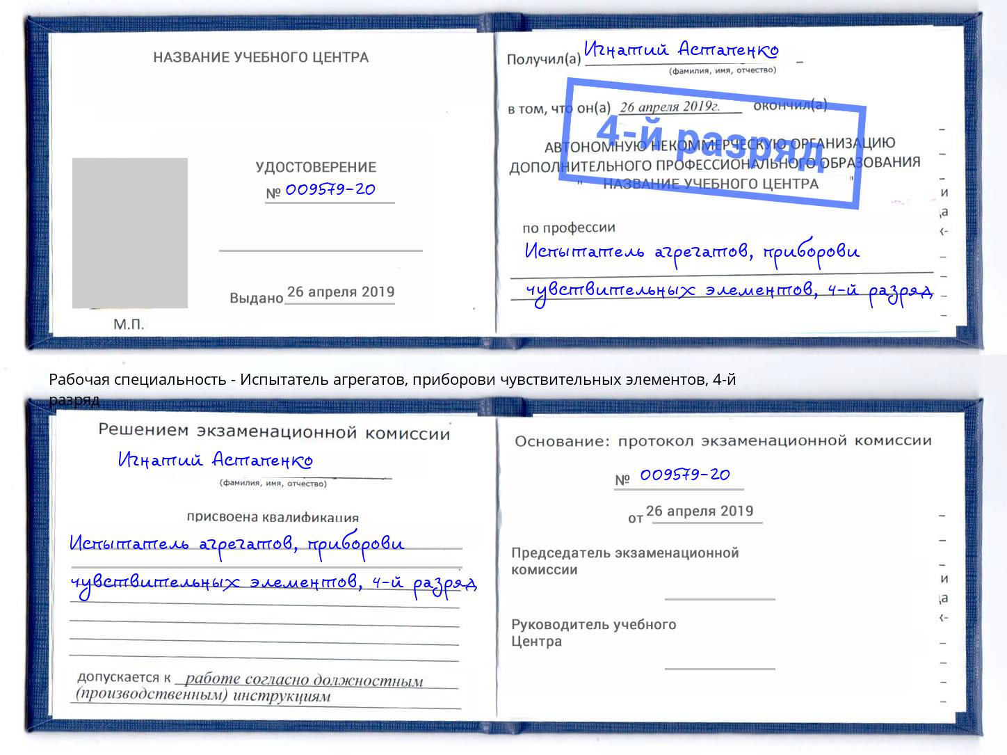 корочка 4-й разряд Испытатель агрегатов, приборови чувствительных элементов Россошь
