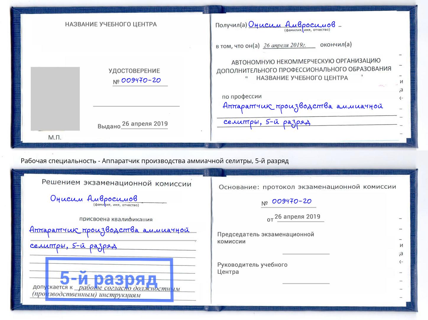 корочка 5-й разряд Аппаратчик производства аммиачной селитры Россошь