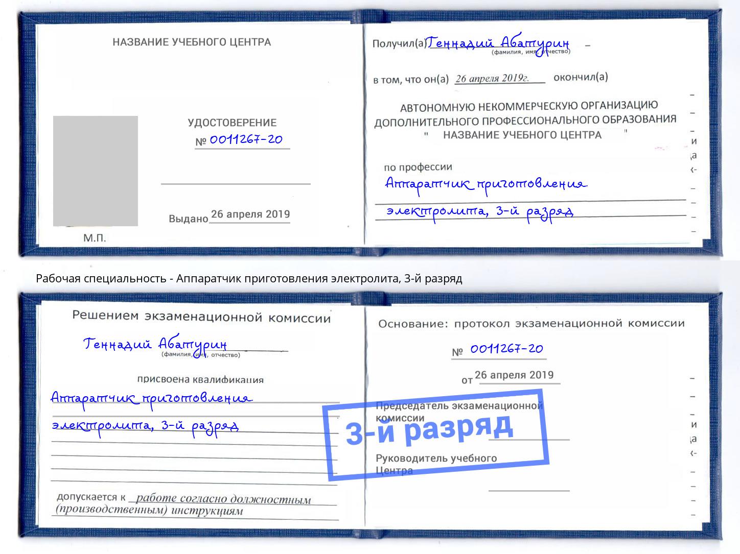 корочка 3-й разряд Аппаратчик приготовления электролита Россошь
