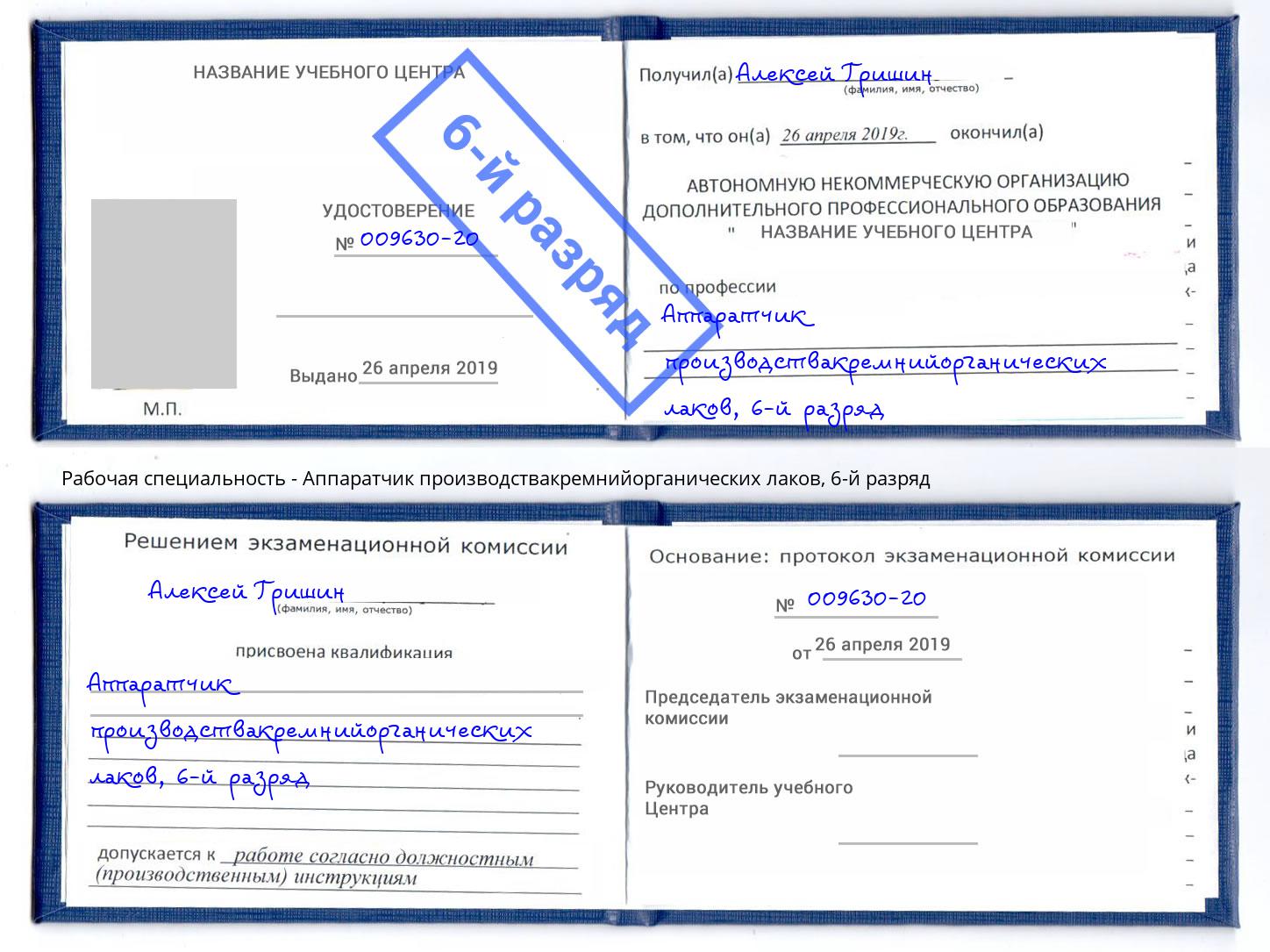 корочка 6-й разряд Аппаратчик производствакремнийорганических лаков Россошь