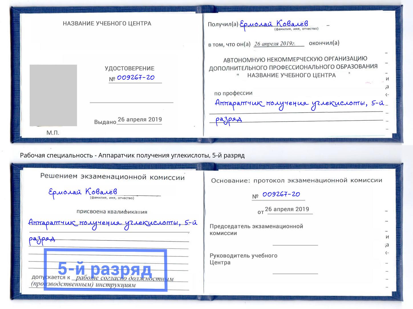 корочка 5-й разряд Аппаратчик получения углекислоты Россошь